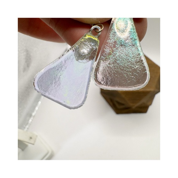 Iridescent recycled glass triangular sterling silver dangle earrings whimsical - Picture 8 of 11